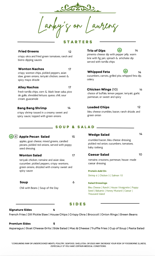 Lankys on Laurens menu: Starters, Soup & Salad, Sides